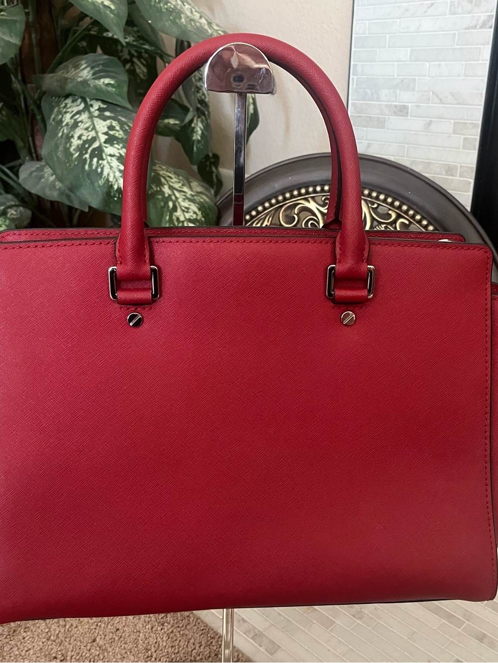 Michael Kors Red Saffiano Leather Satchel with Silver-Tone Hardware - Picture 2 of 6